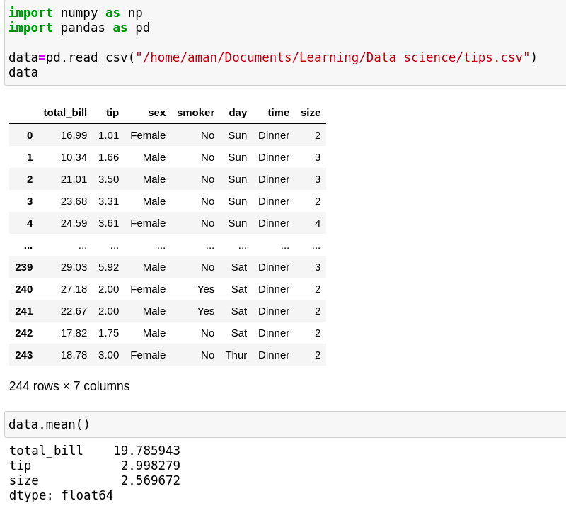 If you have the CSV, SQL, or any other file, you can also find the mean inside the file. First, you have to import pandas as pd for reading the file, create a data frame as seen in the image, and read the file with pd.read_csv. Here I assume an example of a CSV file; you can take your own like SQL, SAAS, or whatever.